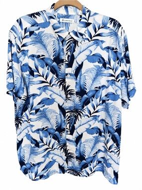Cubavera White and Blue Tropical Button-Down Camp Shirt